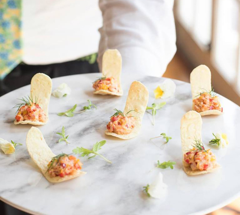 Corn, lobster wonton crisps served by Ridgewells Catering