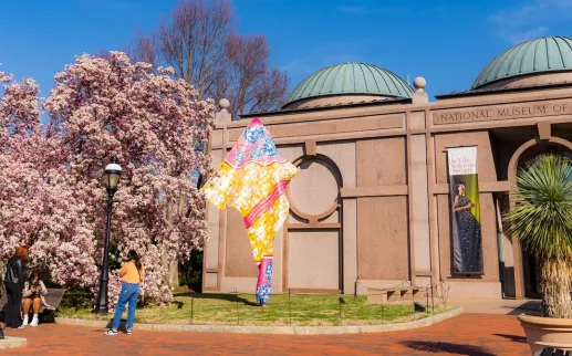 An exterior view of the Smithsonian's National Museum of African Art on a sunny spring day.
