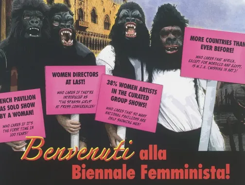 Graphic with gorillas holding signs for "Girls Making Trouble" 